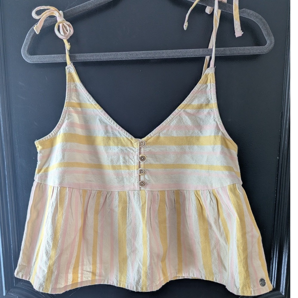 Roxy Yellow Pink Cream Striped Tie Strap Babydoll Camisole Top Cotton Women's S